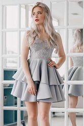 A-Line Spaghetti Straps Grey Satin Homecoming Dress with Appliques