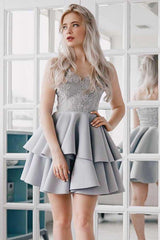 A-Line Spaghetti Straps Grey Satin Homecoming Dress with Appliques