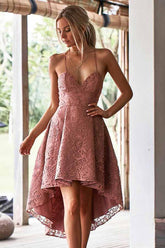 High Low Blush Lace A-Line Homecoming Dress Spaghetti Straps
