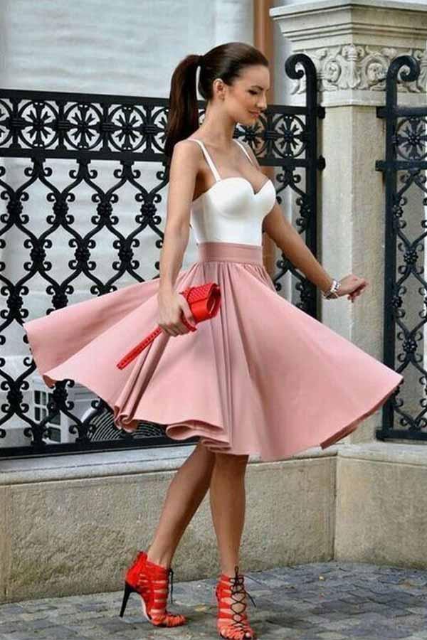 A-Line Spaghetti Straps Knee-Length Blush Homecoming Dress with Pleats