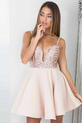 A-Line Spaghetti Straps Pearl Pink Homecoming Party Dress with Sequins