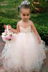 A-Line Flower Girl Dress Spaghetti Straps Sweep Train with Beading Bowknot