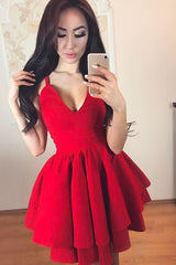 A-Line Spaghetti Straps Tiered Satin Homecoming Dress Party Dress