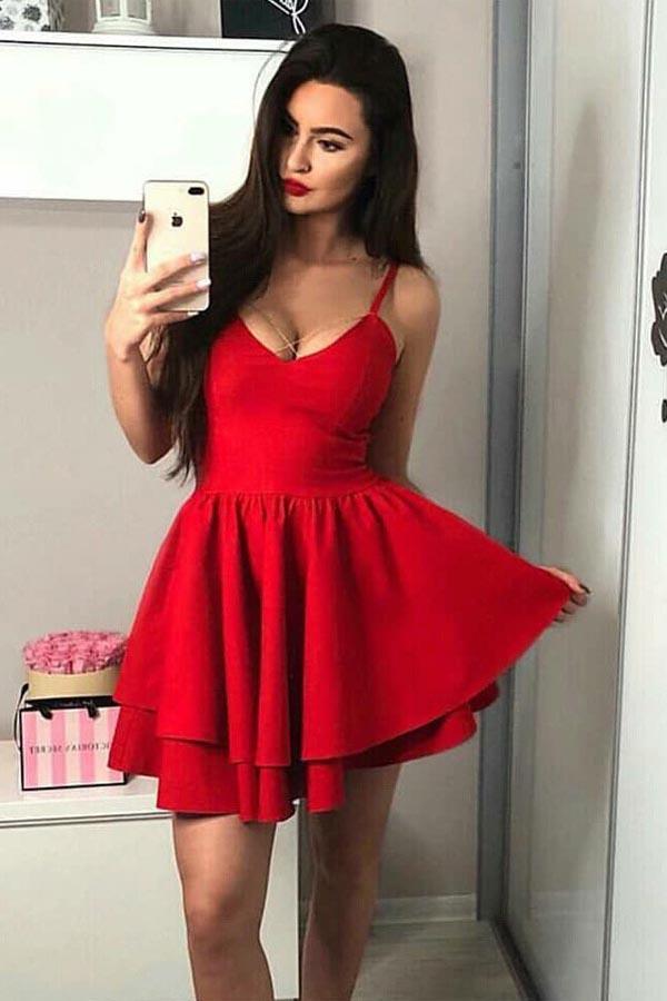 A-Line Spaghetti Straps Tiered Satin Homecoming Dress Party Dress