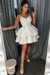 A-Line Spaghetti Straps Tiered Short Satin Homecoming Dress with Lace