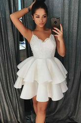 A-Line Spaghetti Straps Tiered Short Satin Homecoming Dress with Lace