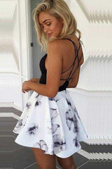 White Floral Polyester A-Line Spaghetti Straps Homecoming Cocktail Dress