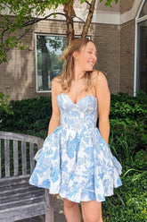 A-Line Strapless Blue Satin Short Homecoming Dresses with Pockets