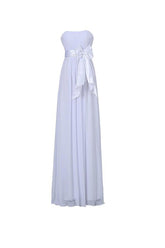 White A-line Bridesmaid Dress, Strapless, Floor Length, with Sash