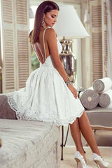 A-Line White Lace Homecoming Dress with Appliques Straps Backless