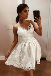 A-Line White Lace Homecoming Dress with Appliques Straps Backless