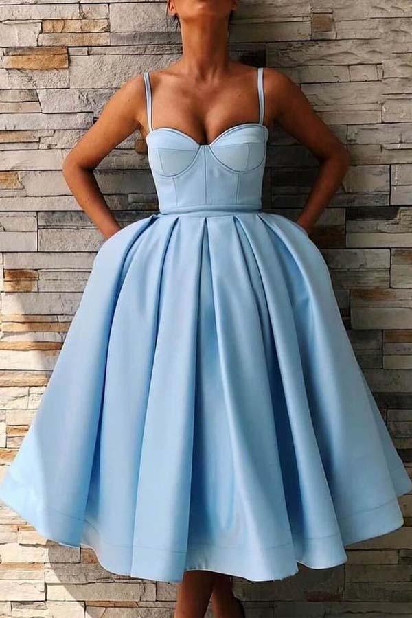 A-Line Straps Mid-Calf Sky Blue Satin Homecoming Dress with Pockets
