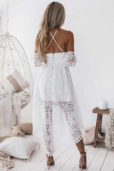 A-Line Straps Off-The-Shoulder High Low White Lace Homecoming Dress