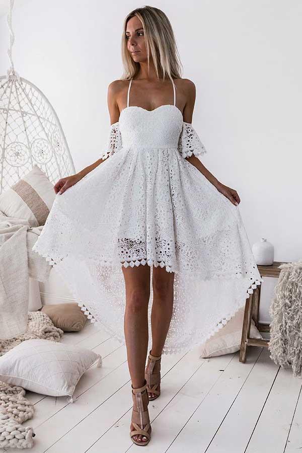 A-Line Straps Off-The-Shoulder High Low White Lace Homecoming Dress