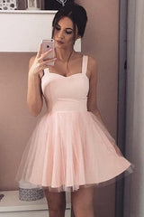 A-Line Straps Sleeveless Pink Tulle Short Prom Dress Homecoming Dress