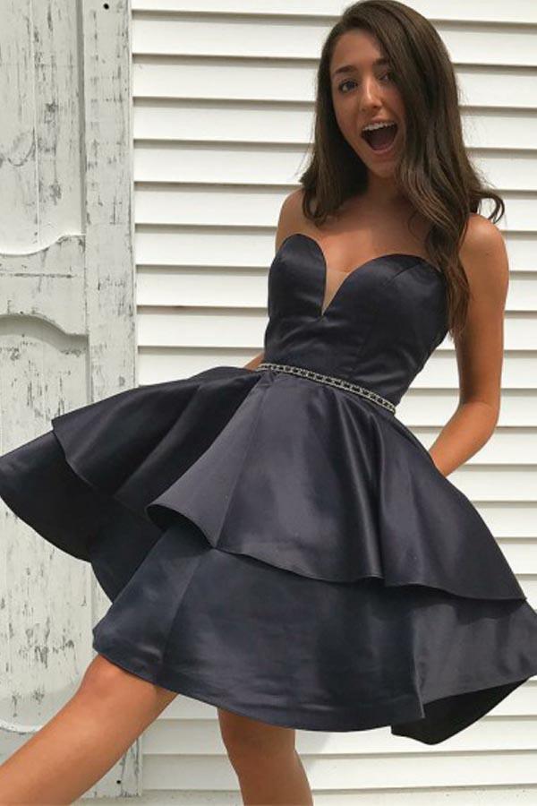 A-Line Sweetheart Black Satin Homecoming Dress with Ruffles and Beading
