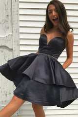 A-Line Sweetheart Black Satin Homecoming Dress with Ruffles and Beading