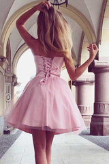 A-Line Sweetheart Lace-Up Short Pink Tulle Homecoming Dress