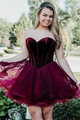 A-Line Sweetheart Short Burgundy Organza Homecoming Party Dress