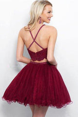 A-Line Two-Piece Appliqued Burgundy Short Homecoming Dress with Beading