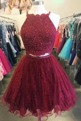 A-Line Two-Piece Appliqued Burgundy Short Homecoming Dress with Beading