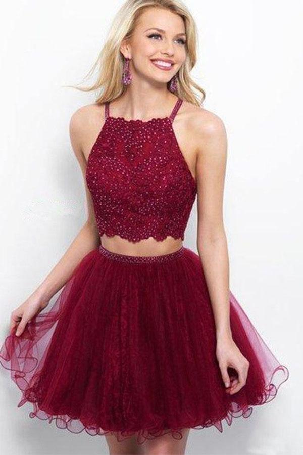A-Line Two-Piece Appliqued Burgundy Short Homecoming Dress with Beading