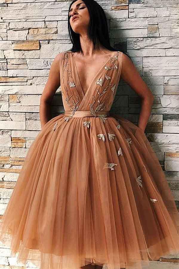 A-Line V-Neck Backless Gold Tulle Homecoming Dress with Appliques