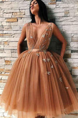 A-Line V-Neck Backless Gold Tulle Homecoming Dress with Appliques