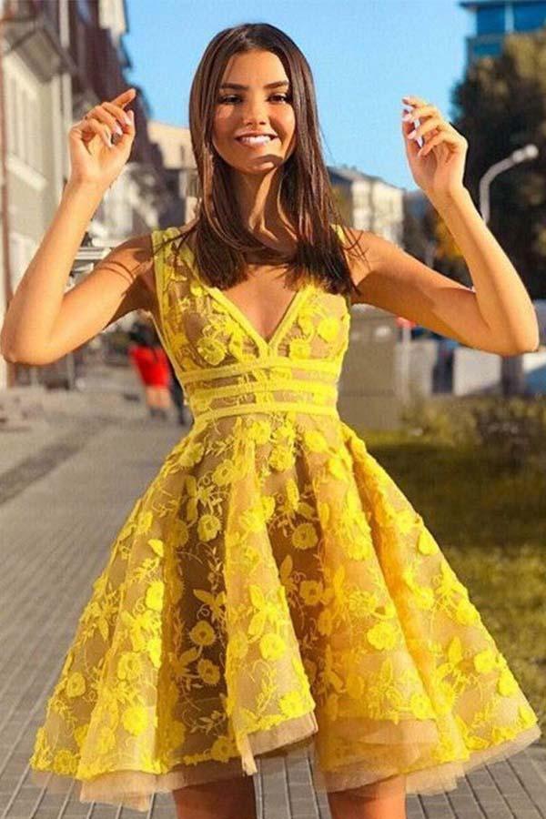 A-Line V-Neck Backless Sleeveless Short Yellow Homecoming Dress