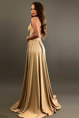 Elastic Satin A-Line V-Neck Bridesmaid Dress with Split