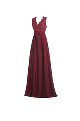 V-Neck Chiffon A-line Open Back Long Evening Gown with Lace