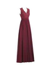 V-Neck Chiffon A-line Open Back Long Evening Gown with Lace