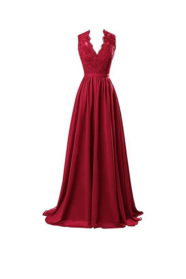 V-Neck Chiffon A-line Open Back Long Evening Gown with Lace