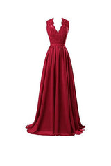 V-Neck Chiffon A-line Open Back Long Evening Gown with Lace