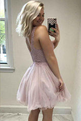 A-Line V-Neck Pink Tulle Homecoming Party Dress with Beading