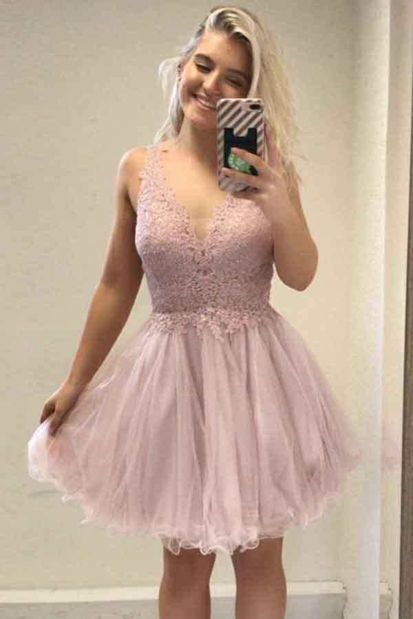 A-Line V-Neck Pink Tulle Homecoming Party Dress with Beading