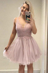 A-Line V-Neck Pink Tulle Homecoming Party Dress with Beading