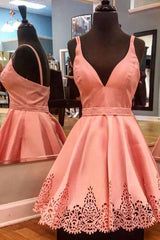 A-Line V-Neck Pleated Short Red Satin Homecoming Dress