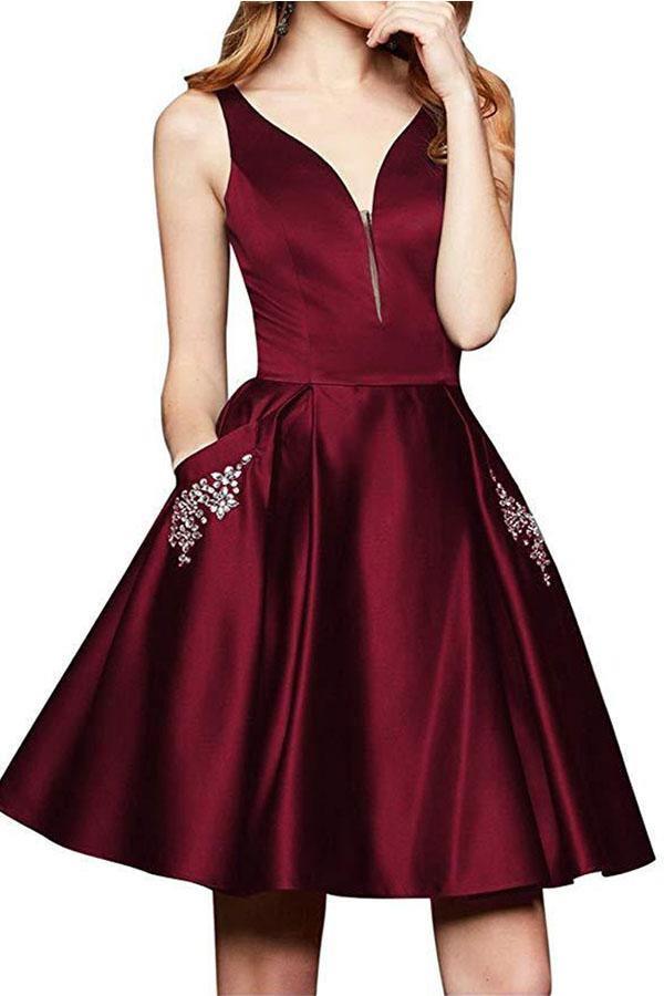 A-Line V-Neck Satin Burgundy Beaded Homecoming Dress with Pockets