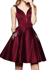 A-Line V-Neck Satin Burgundy Beaded Homecoming Dress with Pockets