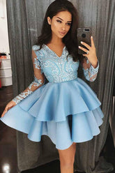 A-Line V-Neck Tiered Blue Satin Homecoming Dress with Appliques
