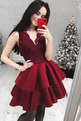 A-Line V-Neck Tiered Dark Burgundy Homecoming Party Dress with Lace