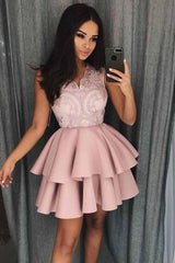 A-Line V-Neck Tiered Satin Homecoming Prom Dress with Appliques