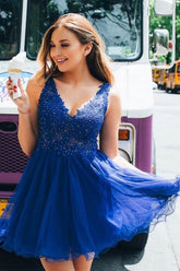 A-Line V-Neck Tulle Beaded Royal Blue Homecoming Dress with Appliques