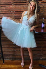 A-Line V-Neck Tulle Short Pink and White Homecoming Dress Short Prom Dress