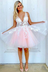 A-Line V-Neck Tulle Short Pink and White Homecoming Dress Short Prom Dress