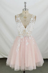 A-Line V-Neck Tulle Short Pink and White Homecoming Dress Short Prom Dress