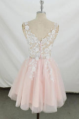 A-Line V-Neck Tulle Short Pink and White Homecoming Dress Short Prom Dress