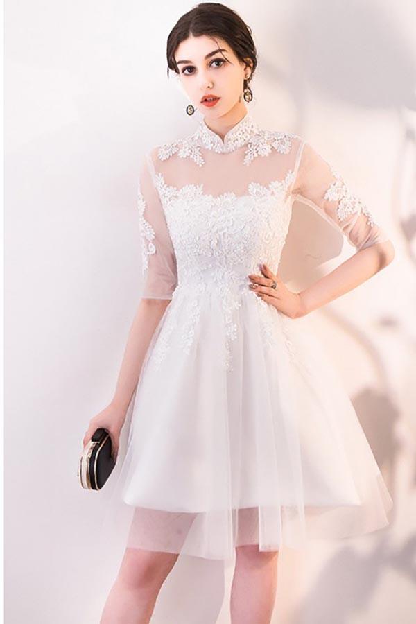 White Lace and Tulle A-line Homecoming Dress Party Dress with Sleeves