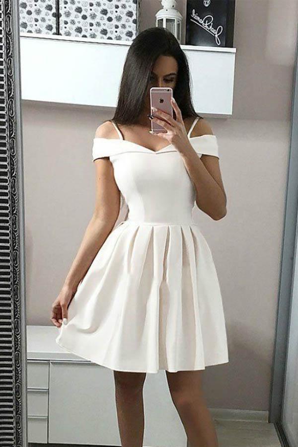 A-Line White Spaghetti Straps Satin Short Prom Dress Homecoming Dress
